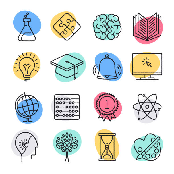 science teaching & reasoning doodle style vector icon set - science education child classroom stock-grafiken, -clipart, -cartoons und -symbole