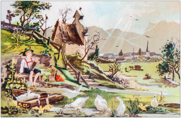 illustrazioni stock, clip art, cartoni animati e icone di tendenza di illustrazione a colori antica dal libro di favole per bambini tedeschi - cultura tedesca