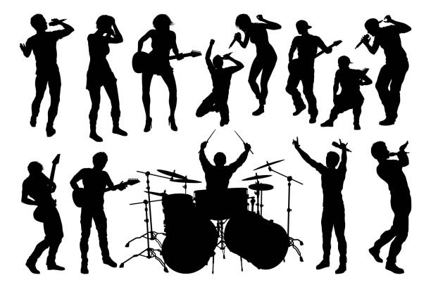 Musician Group Silhouettes A set of musicians, rock or pop band singers, drummers, and guitarists high quality silhouettes guitar silhouettes stock illustrations