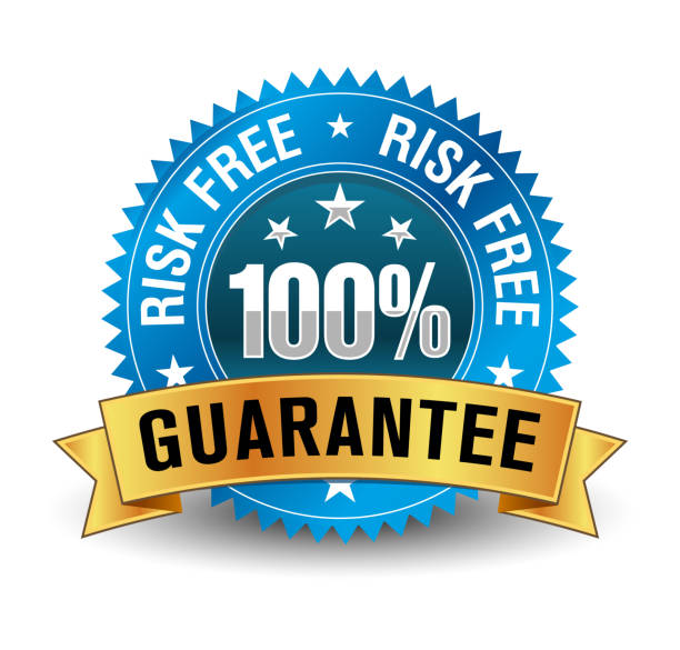 istock 100% Risk free guaranteed, with blue badge and golden ribbon. 1134269972