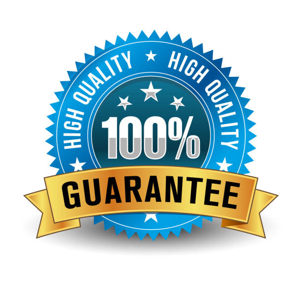 istock 100% High Quality Guaranteed badge with blue badge and golden ribbon 1134269979