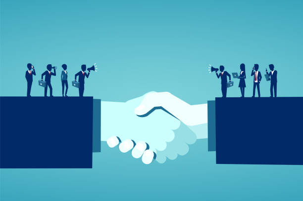 Vector of businesspeople reaching an agreement after successful negotiations Businesss collaborations concept. Vector of businesspeople reaching an agreement after successful negotiations merger stock illustrations