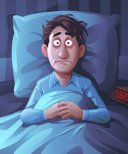 Sleepless Young Man Vector illustration of a young man lying in his bed, trying to sleep. His eyes are wide open and he is looking desperate and frustrated. Concept for insomnia, sleep disorders, nightmares, psychic problems, loneliness and emotional stress. duvet illustrations stock illustrations