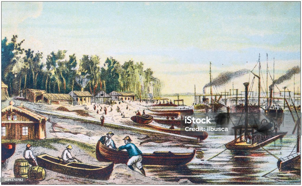 Antique color illustration from German children fable book Fishing stock illustration