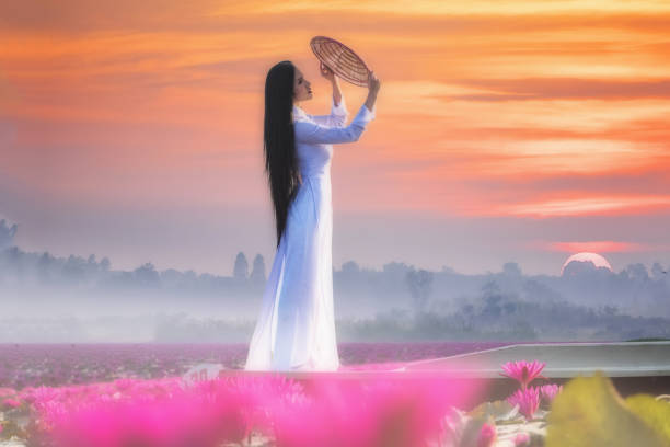 Beautiful woman with Vietnam culture traditiona Beautiful woman with vintage style ,Beautiful woman with Vietnam culture traditional,Hoi an,Life of Vietnamese ao dai stock pictures, royalty-free photos & images