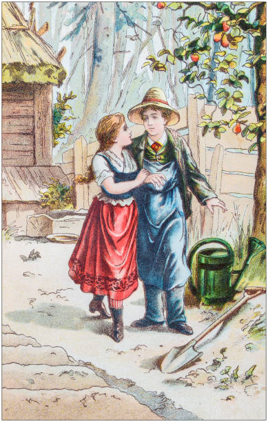 antike farbdarstellung aus deutschen kinderfabeln - engraving rural scene engraved image men stock-grafiken, -clipart, -cartoons und -symbole