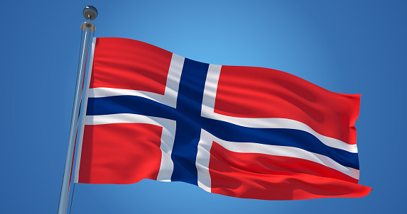 Fluttering silk flag of Norway. Norwegian official flag in the wind against clear blue sky. 3d render
