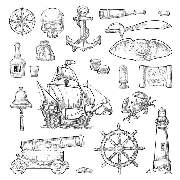 海賊の冒険を設定します。ベクターカラーヴィンテージ彫刻 - ship in a bottle bottle sailing ship nautical vessel点のイラスト素材／クリップアート素材／マンガ素材／アイコン素材