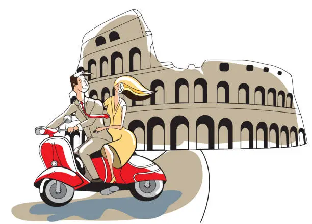 Vector illustration of Colosseum, Rome, Italy, young couple retro style riding a motor scooter