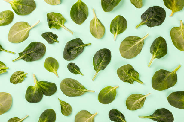 istock Spinach Leaves of the Green Fresh on the colored Background.Top View Copy space for Text.Flat Lay .Food or Healthy diet concept. 1134282601