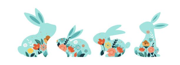 illustrations, cliparts, dessins animés et icônes de illustrations vectorielles joyeuses de pâques de lapins, icônes de lapins, décorées avec des fleurs - rabbit easter flower frame