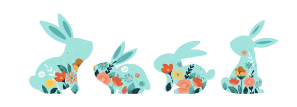 illustrazioni stock, clip art, cartoni animati e icone di tendenza di illustrazioni vettoriali di buona pasqua di coniglietti, icone di conigli, decorate con fiori - rabbit easter flower frame