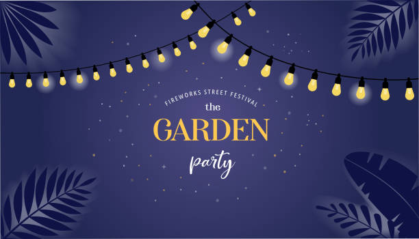 밤 정원 파티 배너, 초대 카드. 벡터 디자인 - backyard stock illustrations