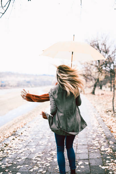 Wind Howling Around Blonde Female With Umbrella