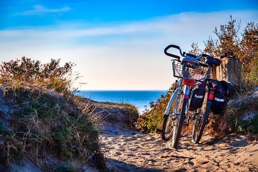 Dranske on the island of Rügen, Baltic sea. Bikes standing at the beach