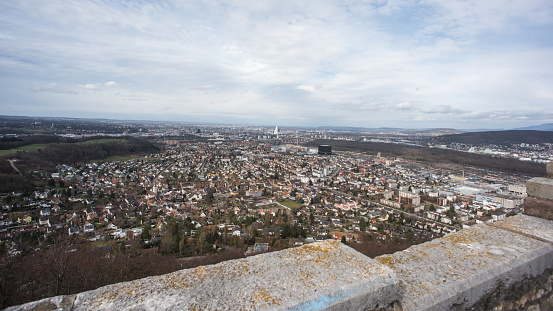 Muttenz, switzerland, march 03, 2019, view from middle wartenberg tower to basel.