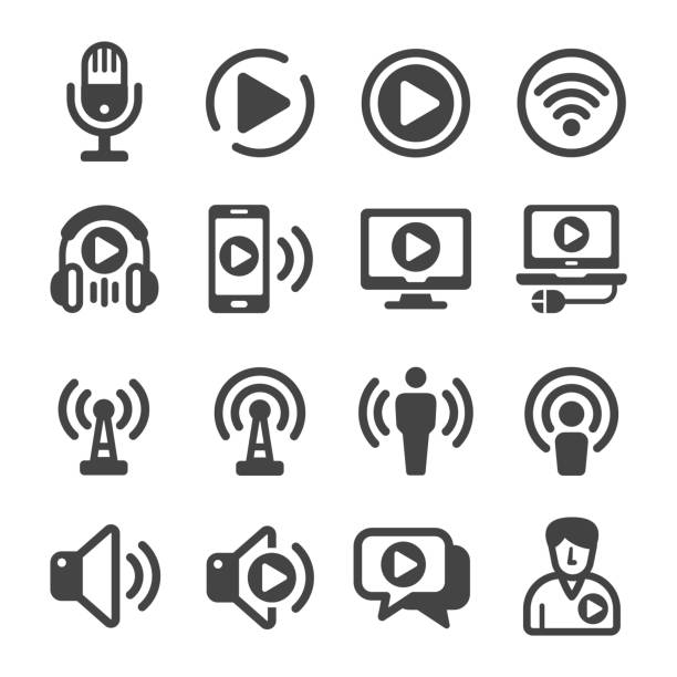 ilustraciones, imágenes clip art, dibujos animados e iconos de stock de conjunto de iconos de podcast - soporte de almacenamiento de audio analógico