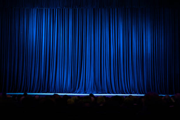 Blue Stage Curtain Texture Background Blue stage curtains full frame. stage light photos stock pictures, royalty-free photos & images