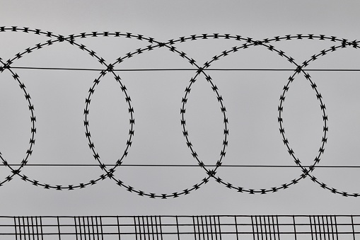 Security fence with coils of razor wire