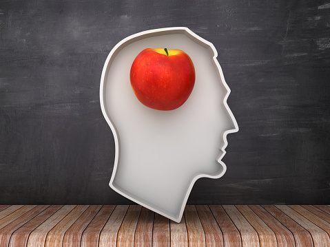 Human Head Shape with Apple on Chalkboard Background - 3D Rendering