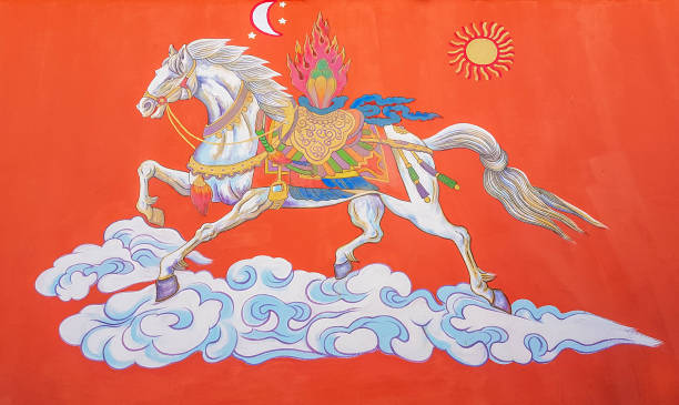 A drawing of a burning horse flying on a cloud with bright red background