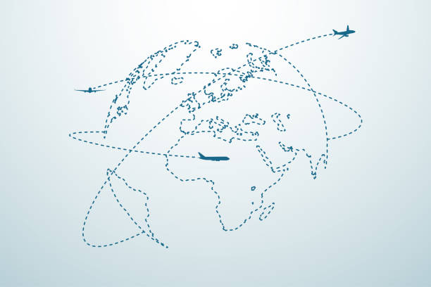 Airplane line path with map Airplane line path with map in vector travel stock illustrations
