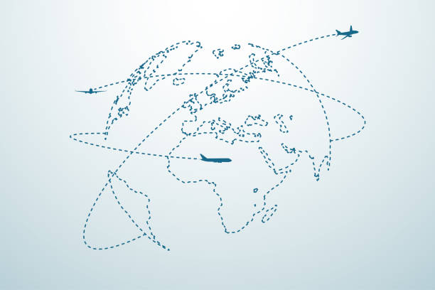 Airplane line path with map Airplane line path with map in vector busines travel stock illustrations