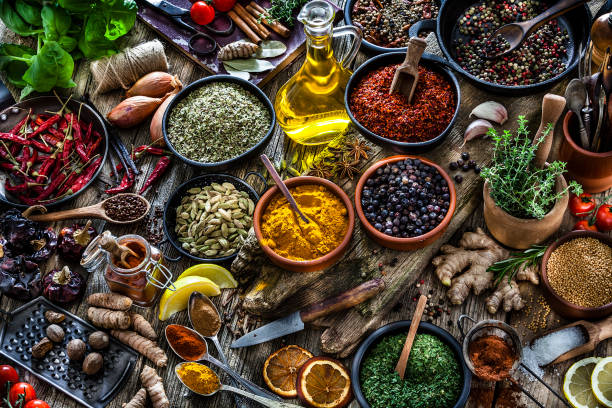 istock Spices and herbs on rustic wooden table 1134301501