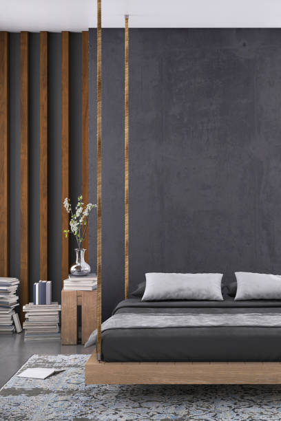 Modern bedroom interior with blank wall for copy space