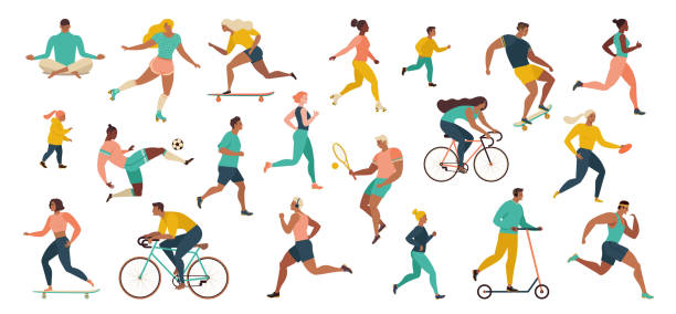 gruppe von menschen, die sportliche aktivitäten im park machen, yoga-und gymnastikübungen, joggen, fahrräder fahren, ballspiel spielen und tennis. - tennis women action lifestyles stock-grafiken, -clipart, -cartoons und -symbole