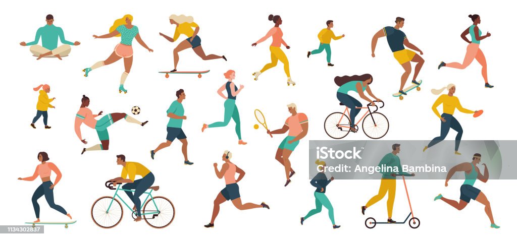 Group of people performing sports activities at park doing yoga and gymnastics exercises, jogging, riding bicycles, playing ball game and tennis. - Royalty-free Desporto arte vetorial