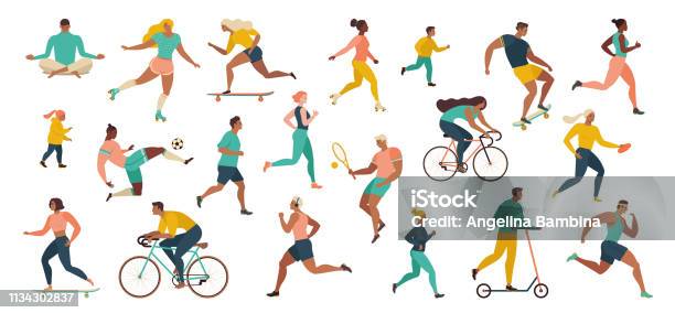 Group Of People Performing Sports Activities At Park Doing Yoga And Gymnastics Exercises Jogging Riding Bicycles Playing Ball Game And Tennis - Arte vetorial de stock e mais imagens de Desporto