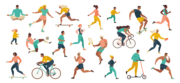 Group of people performing sports activities at park doing yoga and gymnastics exercises, jogging, riding bicycles, playing ball game and tennis. Outdoor workout. Flat cartoon vector.