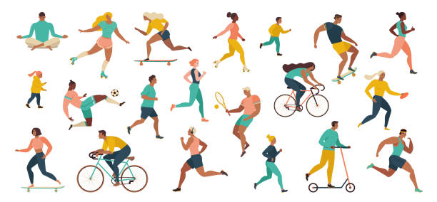 Group of people performing sports activities at park doing yoga and gymnastics exercises, jogging, riding bicycles, playing ball game and tennis. Group of people performing sports activities at park doing yoga and gymnastics exercises, jogging, riding bicycles, playing ball game and tennis. Outdoor workout. Flat cartoon vector. exercising illustrations stock illustrations