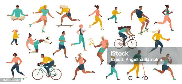 Group Of People Performing Sports Activities At Park Doing Yoga And Gymnastics Exercises Jogging Riding Bicycles Playing Ball Game And Tennis Stock Illustration - Download Image Now