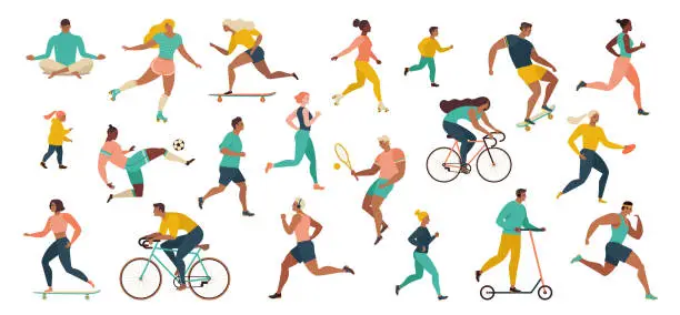 Vector illustration of Group of people performing sports activities at park doing yoga and gymnastics exercises, jogging, riding bicycles, playing ball game and tennis.