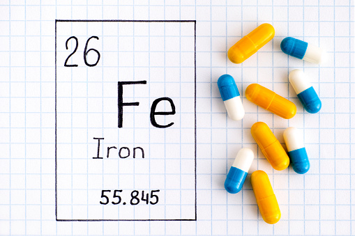 Handwriting chemical element Iron Fe with pills. Close-up.