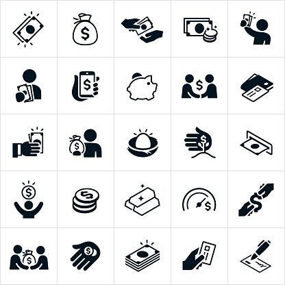 A set of money icons. The icons include cash, money sack, purchasing, buying, giving money, taking money, coins, currency, dollar sign, person holding money, money on phone, piggy bank, credit card, wallet, making money, nest egg, ATM, gold, goal, stack of money and financial check to name just a few.
