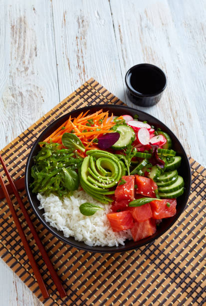 istock Raw Organic Ahi salmon Poke Bowl, top view 1134306883