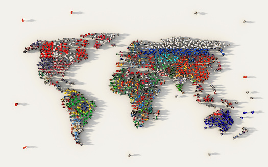 Large group of people forming a world map flag symbol, all countries flags in social media and community concept on white background. 3d sign of crowd illustration from above gathered together