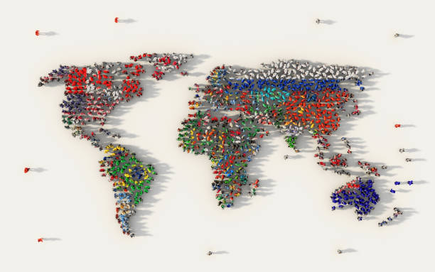 large group of people forming a world map flag symbol, all countries flags in social media and community concept on white background. 3d sign of crowd illustration from above gathered together - social media teamwork global communications togetherness imagens e fotografias de stock