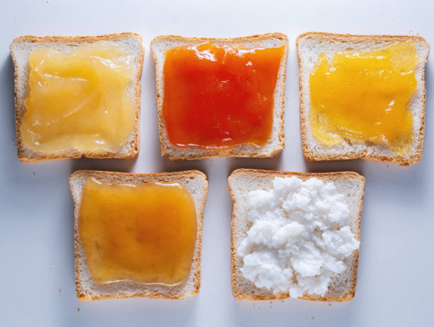 istock Jam toast for breakfast. Set of toast with different jams 1134311963