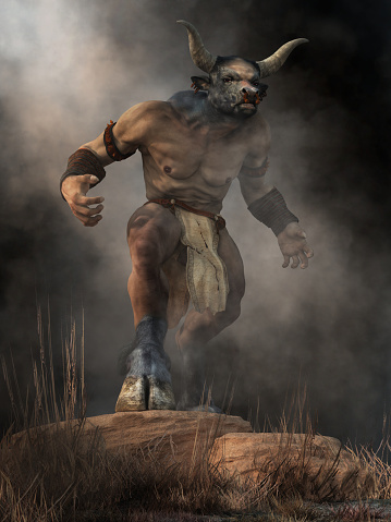 The Minotaur, half man half bull, stands on a rock in an aggressive stance, a monster of ancient Greek myth, emerges from the mists of legend and glares at you with a menacing look. 3D Rendering