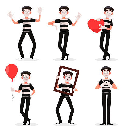 Mime cartoon character performing pantomime, set of six poses. Flat style. Usable for April Fool's Day. Vector illustration isolated on white background.