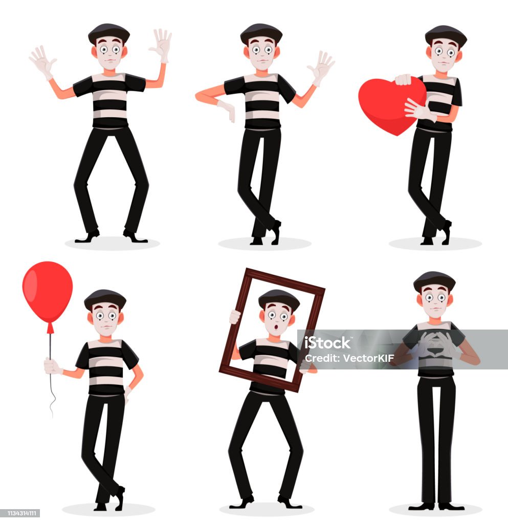 April Fool's Day. Mime cartoon character Mime cartoon character performing pantomime, set of six poses. Flat style. Usable for April Fool's Day. Vector illustration isolated on white background. Mime Artist stock vector