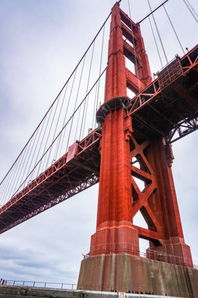 曇りの日に下から見たゴールデンゲートブリッジ、サンフランシスコ - golden gate bridge bridge large san francisco county ストックフォトと画像