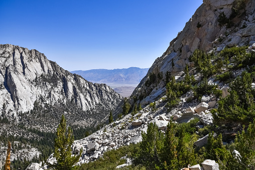 Whitney Portal Valley as seen from Lone Pine Lake on a summer day, California