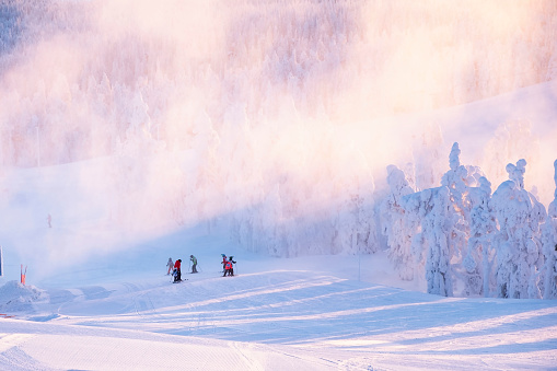 Ski slope, teaching children skiing.  Ski resort in Lapland