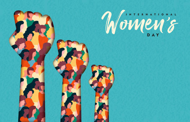 Women's Day card of women hands together Happy Womens Day illustration. Paper cut woman hands with women group inside, female crowd for equal rights march or girl power concept. strength illustrations stock illustrations