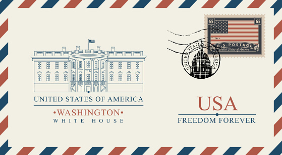 Vector postcard or envelope with famous Washington White House and inscriptions. Postcard with postmark in form of capitol building and postage stamp with flag of USA
